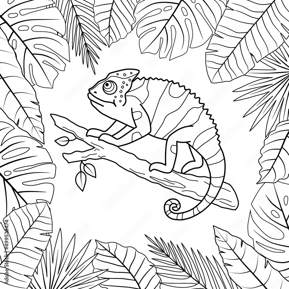 Stock vector cute chameleon on a tree branch and tropical leaves frame outline hand drawn illustration Stock vector cute chameleon on a tree branch and tropical leaves frame outline hand drawn illustration