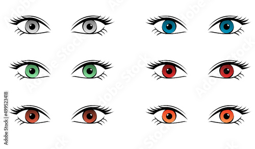 Girls Eyes Cartoon Vector Clip Art. Blue Eye, Green Eye, Red Eye, Orange Eye, White Eyes.	