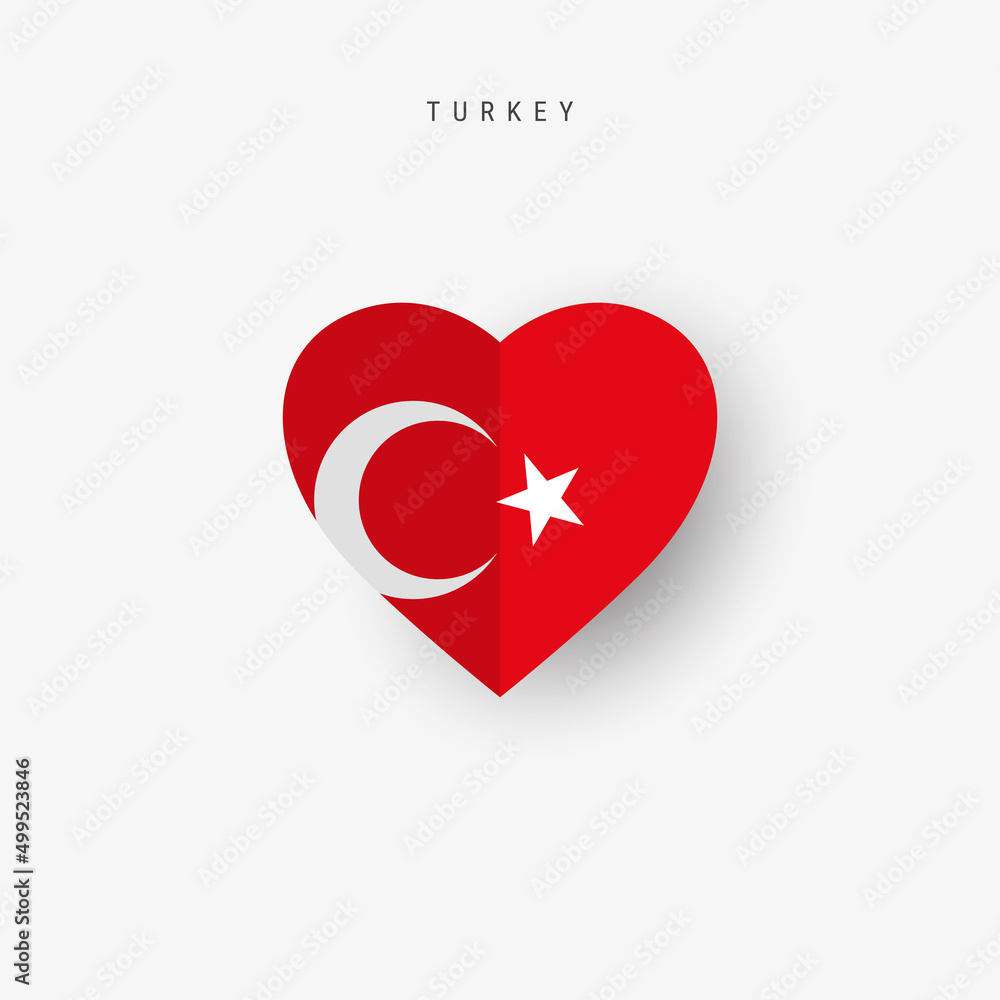 Turkey heart shaped flag. Origami paper cut Turkish national banner. 3D vector illustration isolated on white with soft shadow.