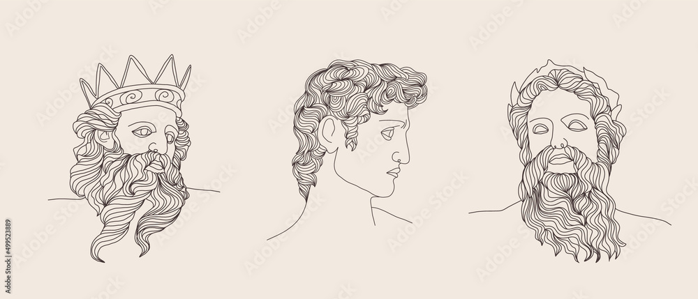 Ancient greek sculpture. Set of linear gods antique statues. Trendy vector illustration in one line drawing style. Hand drawn outline male silhouettes. Ancient greek sculpture. Set of linear gods antique statues. Trendy vector illustration in one line drawing style. Hand drawn outline male silhouettes.