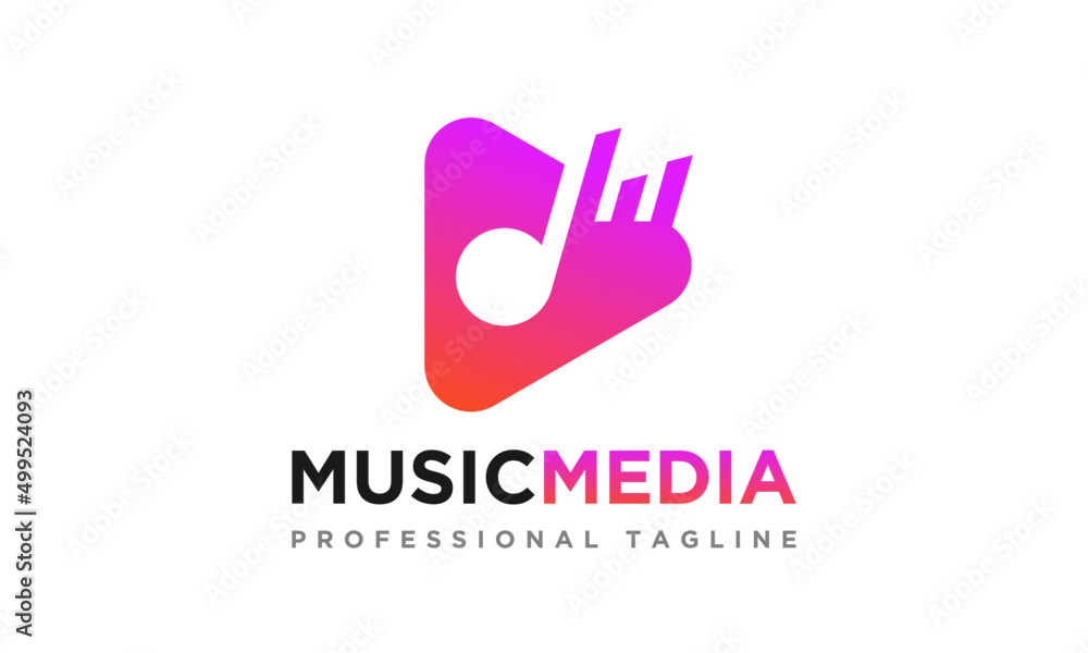 Fototapeta premium Play Music Media Logo Design vector icon symbol illustration, this is a play button with music icon and beat with colorful gradients looks very creative. This is a very good logo for any music media.