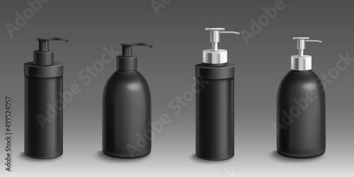 Black bottles with dispenser pump for liquid hand soap, shampoo, lotion or gel. Vector realistic mock up of 3d blank container, cosmetic package with plastic and metal cap