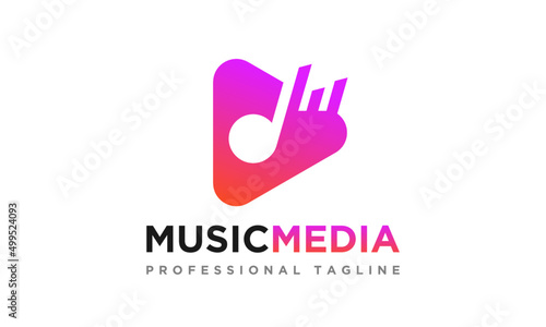 Play Music Media Logo Design vector icon symbol illustration, this is a play button with music icon and beat with colorful gradients looks very creative. This is a very good logo for any music media.