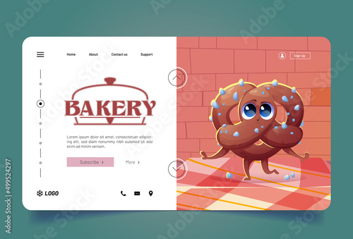 Bakery banner with cute pretzel character on table. Vector landing page of bakery shop with cartoon illustration of happy bretzel, german bake with salt in cafe or store