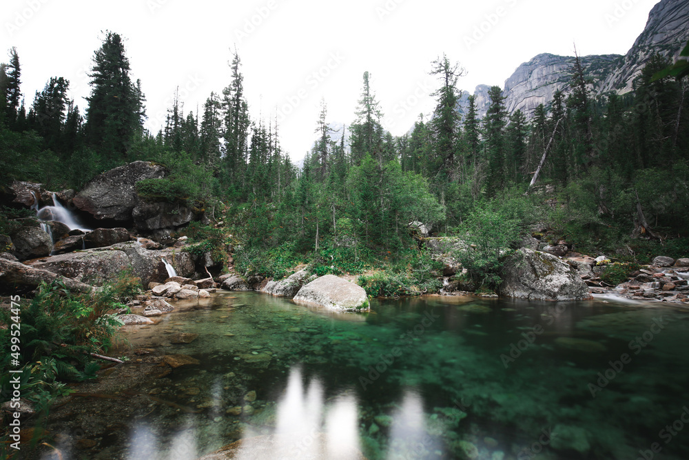Fototapeta premium A beautiful lake in green tones against the backdrop of a pine forest and high mountains. Russia, Ergaki