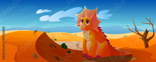 Cute baby dinosaur in desert. Little triceratops on drought landscape with sand, dry soil, dead tree and skeletons. Vector cartoon illustration of funny dino character on barren land