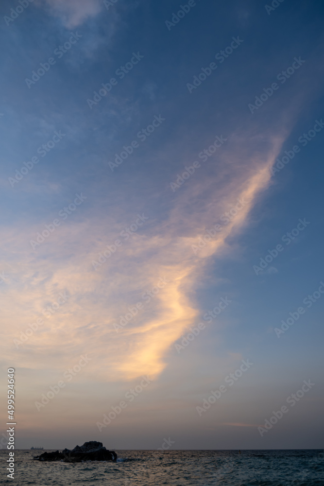 Portrait portrait, evening sky after sunset, orange clouds visible