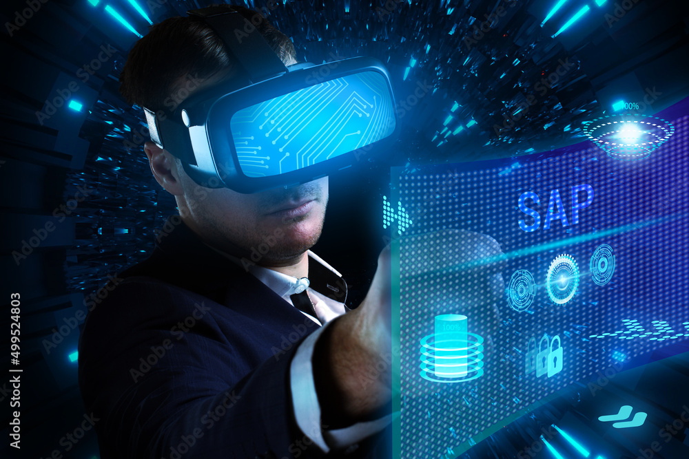 Business, Technology, Internet and network concept. Young businessman working on a virtual screen of the future and sees the inscription: SAP Business, Technology, Internet and network concept. Young businessman working on a virtual screen of the future and sees the inscription: SAP