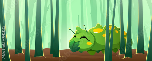 Cute caterpillar eat plant leaf. Vector cartoon illustration of funny worm or insect larva character among grass stems. Happy little green maggot with yellow spots bite leaf