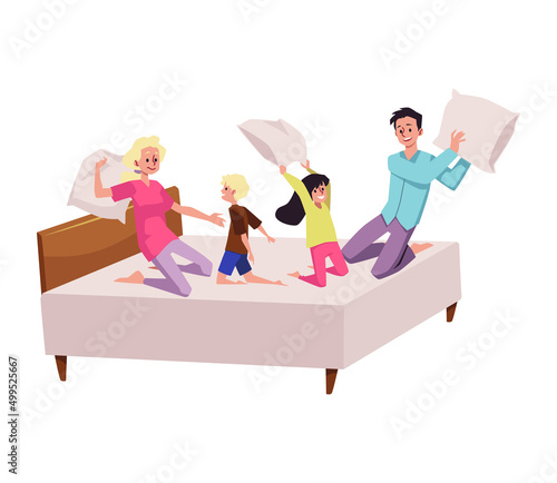 Happy family fighting with pillows in bed, flat vector illustration isolated.