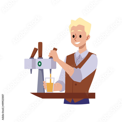 Bartender or barman character pouring beer flat vector illustration isolated.
