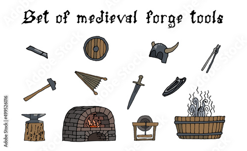 A set of illustrations of medieval forge tools on a white background. Oven, anvil, hammer, tongs, middle Ages, ready to use, eps. For your design