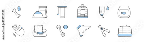 Pet shop icons with toys, food in bowl, leash for dogs, bird cage and scratching post for cats. Vector doodle set of pet accessories, aquarium for fish, ball, bone, carrier and bed