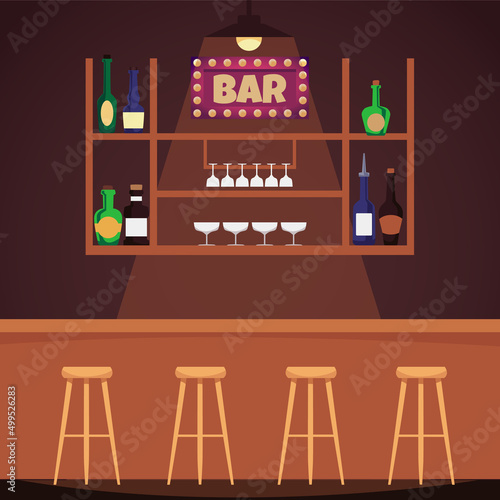 Bar counter with showcase with alcoholic drinks, flat vector illustration.