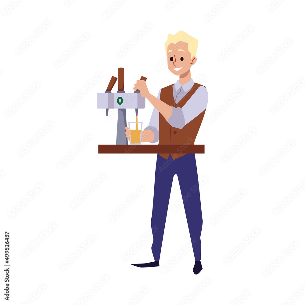 Bartender or barman pouring lager or beer glass, vector illustration isolated.
