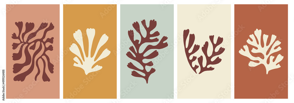 Fototapeta premium Modern wall art print set. Abstract leaves in Nordic Scandinavian style. Hand drawn logo template, greeting card or poster design