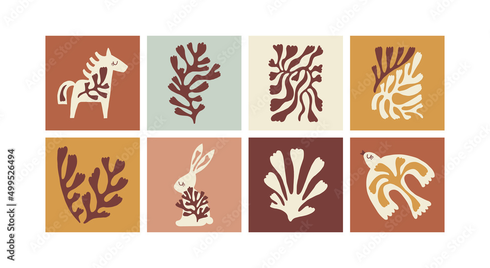 Modern wall art print set. Abstract leaves and animals in Nordic Scandinavian style. Hand drawn logo template, greeting card or poster design Modern wall art print set. Abstract leaves and animals in Nordic Scandinavian style. Hand drawn logo template, greeting card or poster design