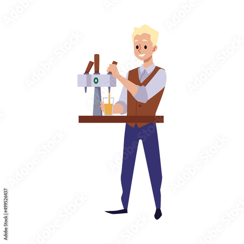 Bartender or barman pouring lager or beer glass, vector illustration isolated.