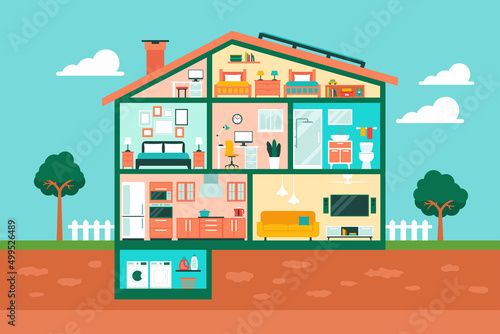Eco friendly house interior with living room, kitchen, bathroom, home office and bedroom. Modern home vector illustration