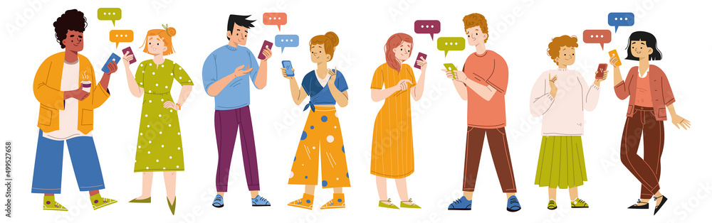 People send messages in online chat. Concept of conversation in social media, internet communication. Vector flat illustration of happy characters with mobile phones and speech bubbles People send messages in online chat. Concept of conversation in social media, internet communication. Vector flat illustration of happy characters with mobile phones and speech bubbles