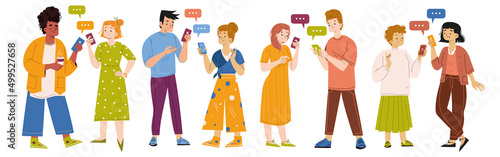 People send messages in online chat. Concept of conversation in social media, internet communication. Vector flat illustration of happy characters with mobile phones and speech bubbles