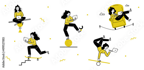 Freelancer life balance concept, woman with laptop in hands balancing on unstable surface. Freelance, self employed person combine job, career and home, Linear cartoon flat vector illustration photo
