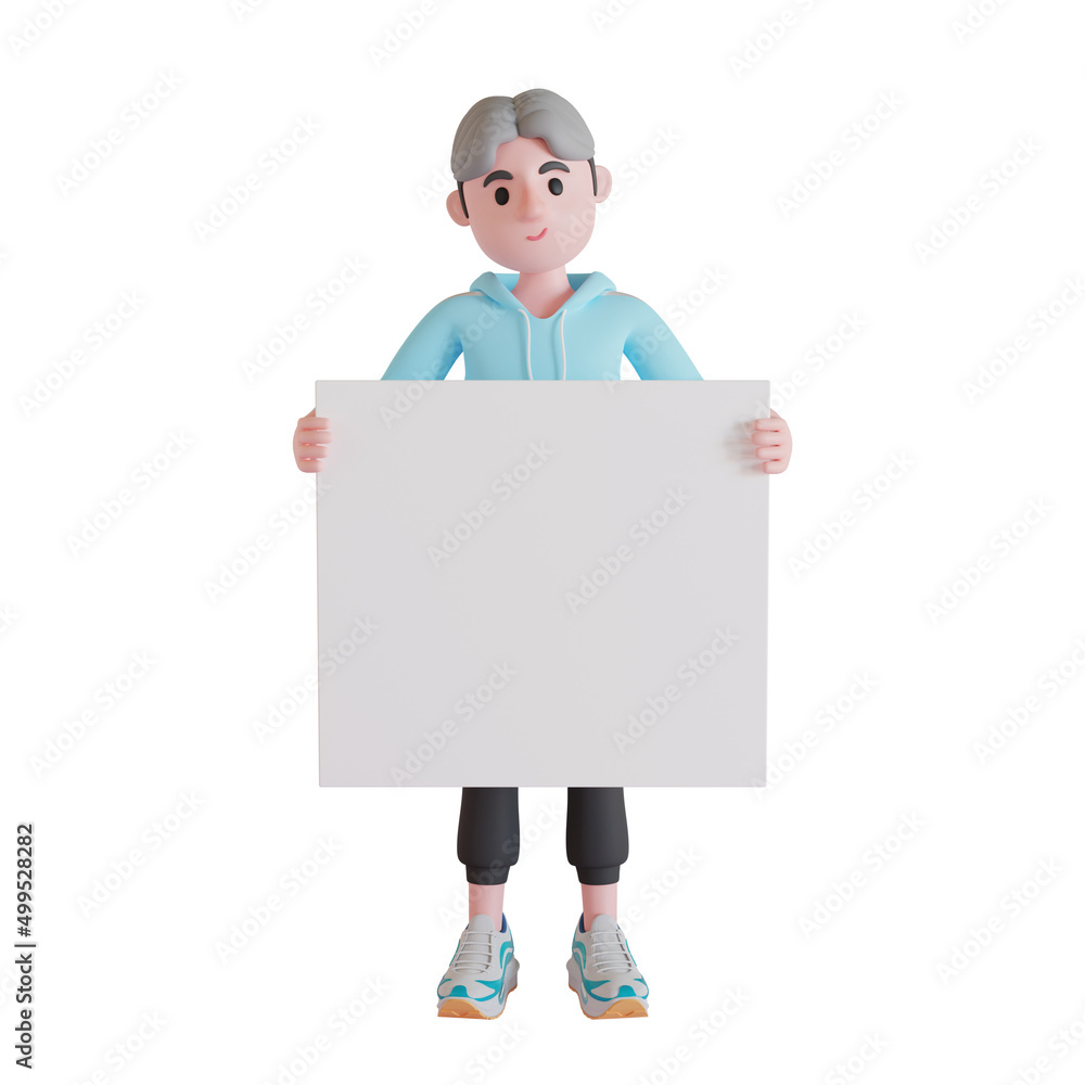 3d character, 3d illustration, boy holding blank placard 3d character, 3d illustration, boy holding blank placard