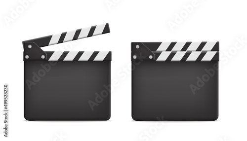 Film clapper board opened and closed, realistic 3d vector illustration isolated on white background.