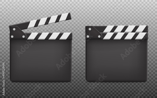 Opened and closed clapboard for movie filming, realistic vector illustration isolated on transparent background.