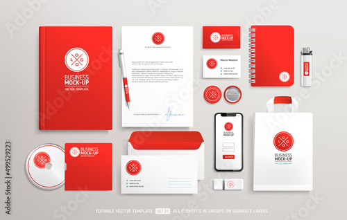 Business Stationery Brand Identity Mockup set with red color design. Office stationary items mockup - editable template. Company corporate style template