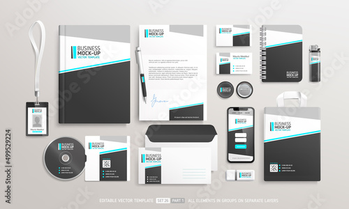 Business Stationery Brand Identity Mockup set with black and white abstract geometric design. Office stationary items - editable mockup template. Company corporate style design © VRTX