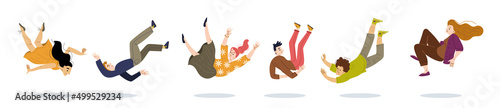 People fall from high, fly down. Vector flat illustration of accident, danger, risk of injury and trauma. Characters in fear and shock tumble from height isolated on white background