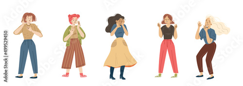 Startled woman scream, female character with frightened face yell, afraid, scared girl shock, phobia, panic attack, surprised and amazement emotions, Linear cartoon flat vector illustration, set