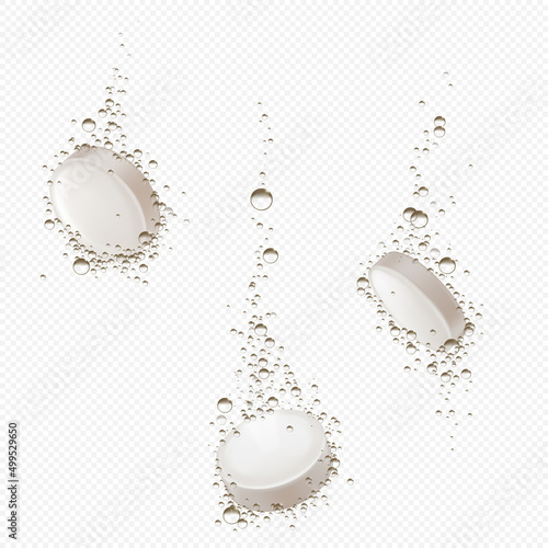 Effervescent soluble pills dissolve in water. Vector realistic mockup of white round fizzy tablets, dissolving medical drugs with bubbles isolated on transparent background