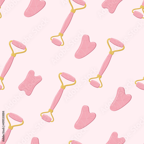 Seamless pattern of trendy gua sha scrapers made of natural stone and cosmetic oil, roller massager for facial care. Vector illustration skin care concept.