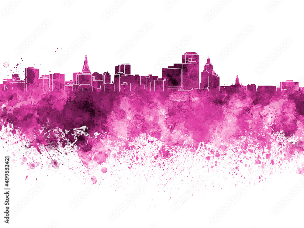 Hartford skyline in pink watercolor on white background