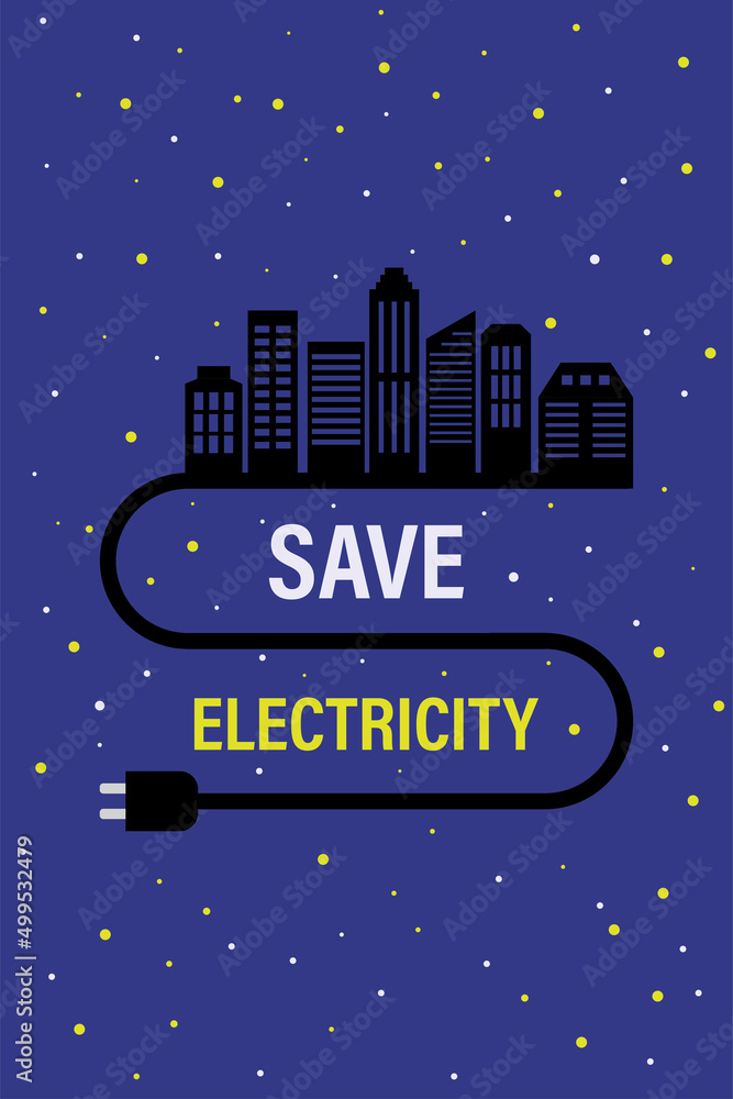 Save electricity, concept. Dark buildings without light. Motivational banner, saving resources, caring for the environment. Printable vertical poster. Night city view.