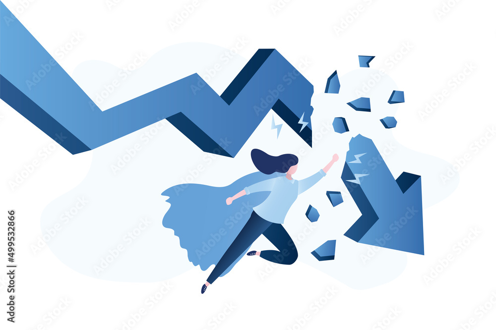 Businesswoman like super hero breaks falling graph. Overcoming the financial and economic crisis. Big arrow stock chart. Confident female trader breaks trend to panic sells.
