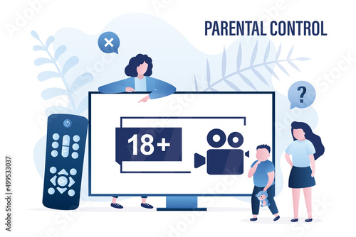 Mom shows kids on age limit on tv screen. Big remote control near display. Age restriction. School children want looking video content for adult. Parental control. 18 plus media, warning sign.