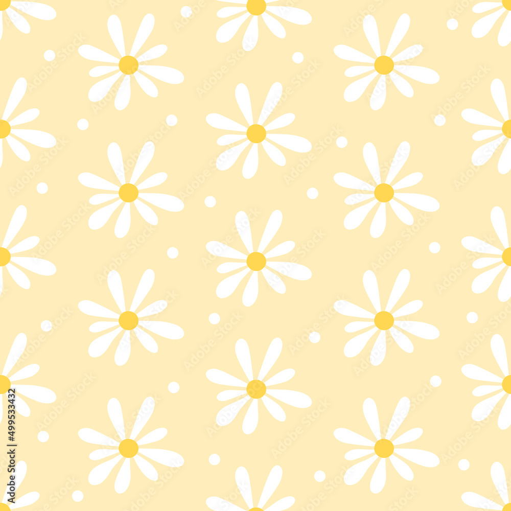 Daisies and polka dots on a beige background seamless pattern. Chamomile flowers. Flight vector background. Daisies and polka dots on a beige background seamless pattern. Chamomile flowers. Flight vector background.