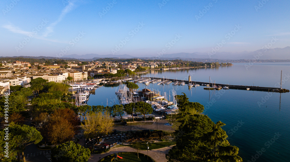 Aerial view of a lake town on a beautiful quiet morning 