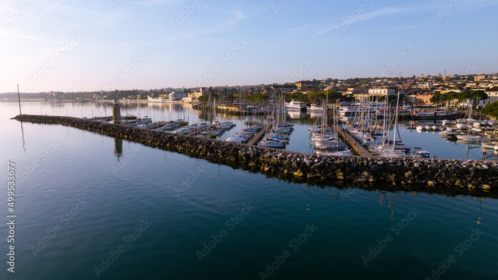 Aerial view of a lake town on a beautiful quiet morning 