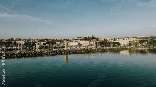 Aerial view of a lake town on a beautiful quiet morning 