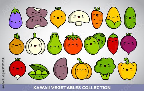Kawaii vegetables set. Collection of 20 kawaii icons in lineal color style. Cute cartoon vegetables. Healthy food concept.