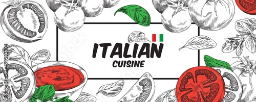 Horizontal website banner about Italian cuisine, hand drawn, vector illustration