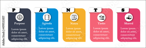 PANTS Acronym - Purpose, Agenda, Notes, Tasks, Shared. Infographic template
