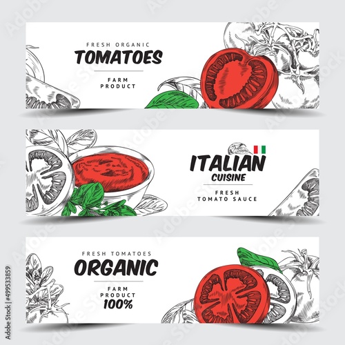 Tomato banners for Italian cuisine and vegetarian food, vector illustration.
