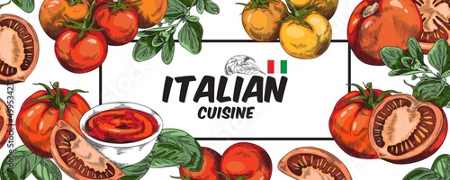 Italian cuisine banner or flyer with tomatoes, engraving vector illustration.