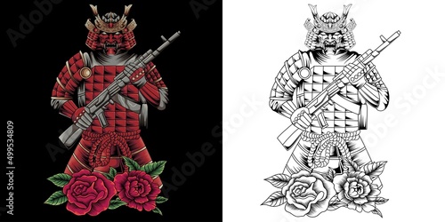 japanese samurai armor with rifle vector illustration