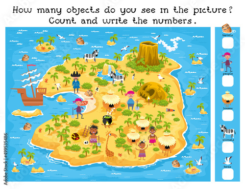 How much game for kids. Island map with sea and palm trees, treasures and chests, huts, mountain, waterfall, cave sea and ship. Vector illustration.